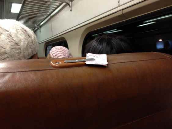 Train tickets clipped to the back of the seat in front of us.