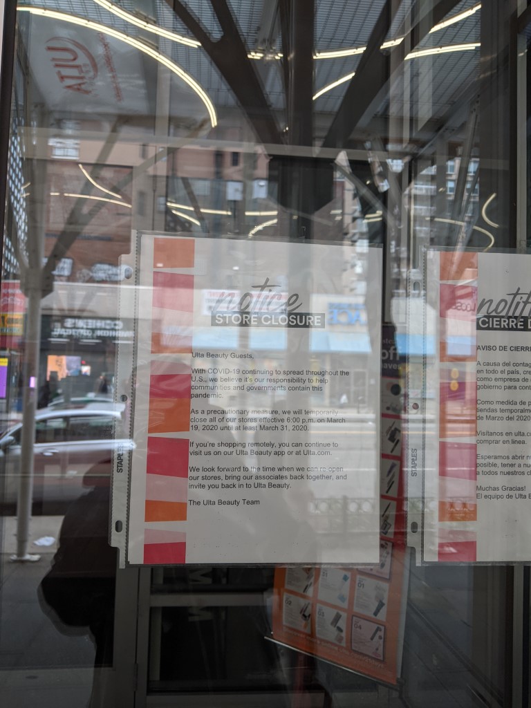An picture of a temporary closure notice at Ulta on 86th Street