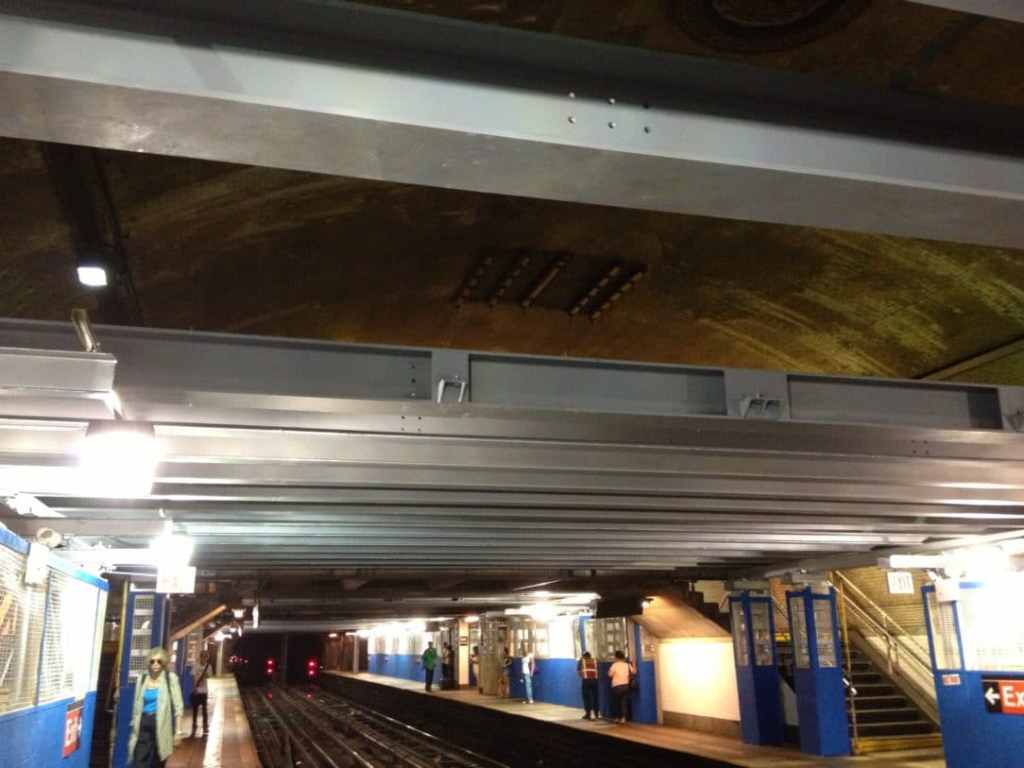 Steel girders covering the previously open vaulted section of the station.