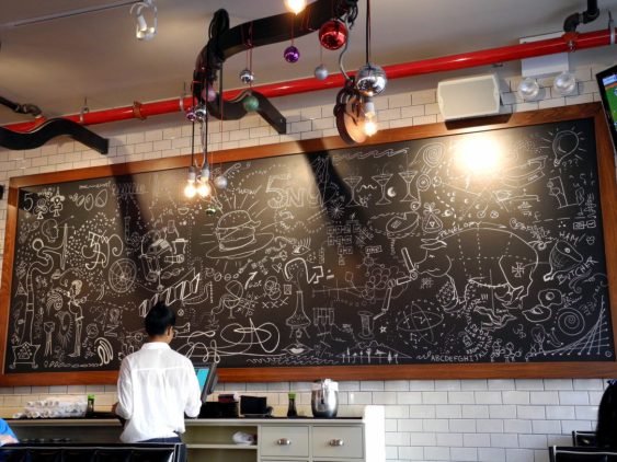 Chalk board covered with drawings, including a flask and Bunsen burner.