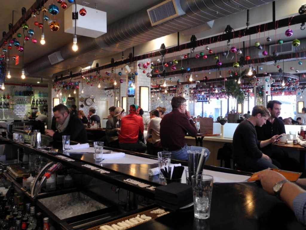 Holiday decorations inside the 5 Napkin Restaurant at 14th Street