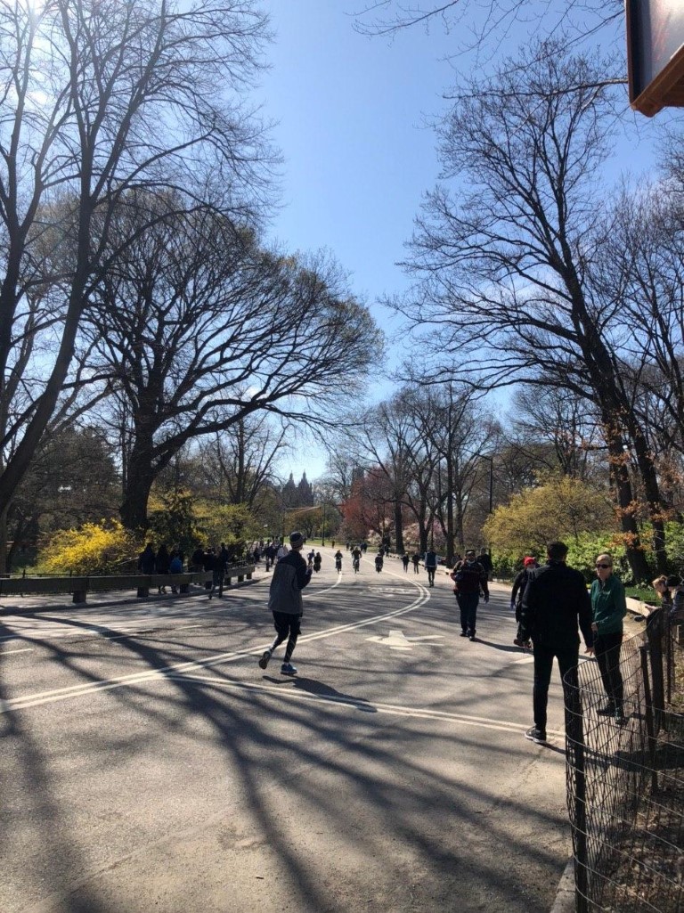 A large crowd of people jogging and walking in Central Park today, 3/21/2020