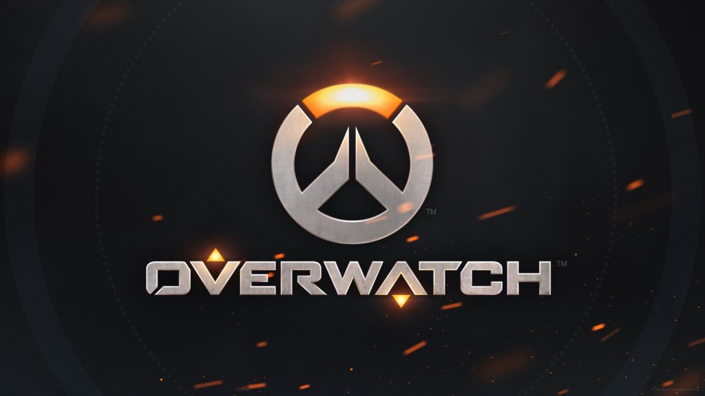 Overwatch logo on black textured background with flying sparks