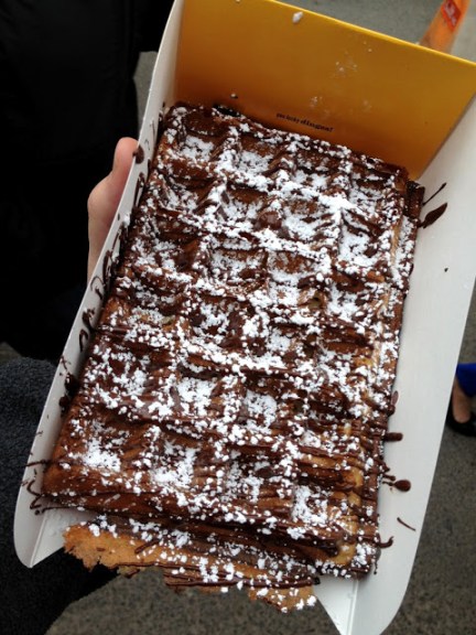 Brussels waffle with chocolate and powdered sugar from Waffles & Dinges truck. Brussels waffle with chocolate and powdered sugar from Waffles & Dinges truck.