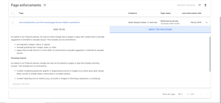 A screenshot of Google's policy enforcement violation list for this page.