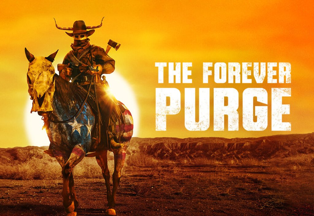 A promotional movie image for "The Forever Purge". The name of the movie is shown in big block letters in the top right. A heavily armed man wearing face paint and a cowboy hat with attached bull horns sits astride a horse wearing a horse skull as a mask and painted with the US flag.